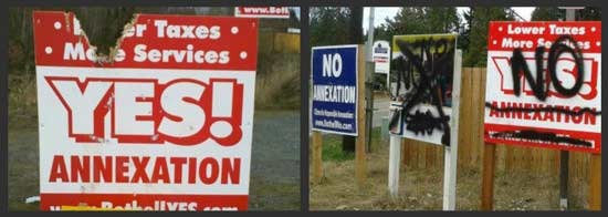 Bothell Yes signs are taking a hit as the special election nears on April 17 with annexation on the ballot.