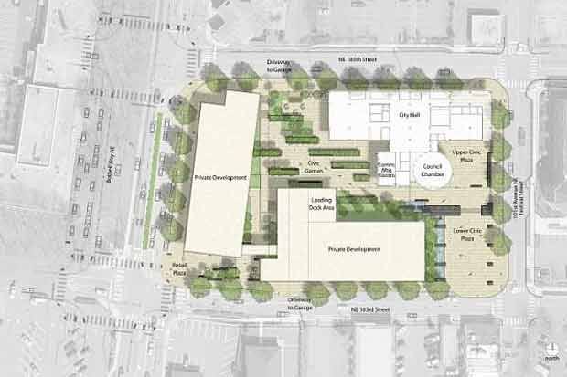 The city-center campus draft site plan presented at the Bothell community meeting April 27. The area is 101st Avenue Northeast bordered by northeast 183rd and 185th streets.