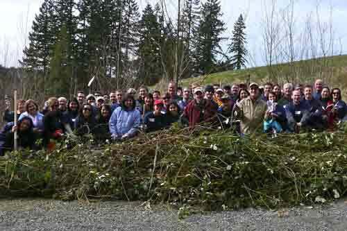 Bothell's HaloSource employees finish up hands-on habitat restoration work March 21 on World Water Day 2012.