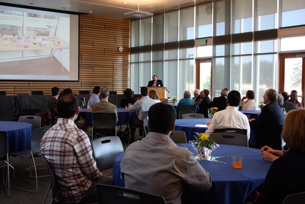 Kenmore Mayor David Baker gives a 'thank you' message during the city's inaugural Volunteer Appreciation Celebration at Kenmore City Hall.