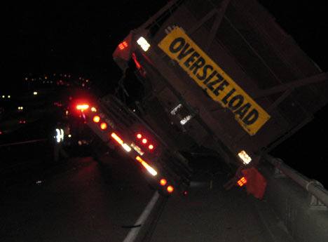 Pictured is the semi truck that crashed on the southbound ramp of Interstate 405 off of State Route 522 this morning.