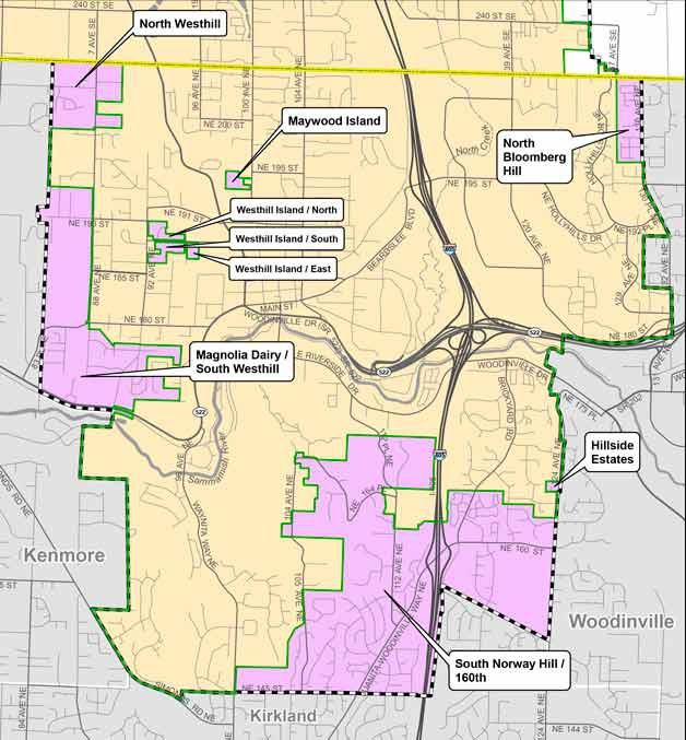 This map provided by the city of Bothell shows the nine areas annexed by the city on Tuesday.