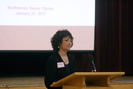 New Greater Bothell Chamber of Commerce chairperson Laurene Burton discusses the chamber's presence in the community at last week's meeting.