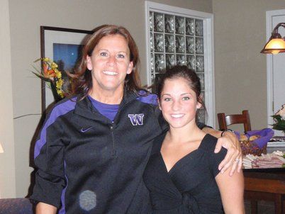 Inglemoor High's Madison Podlucky (right) with University of Washington head gymnastics coach Joanne Bowers.