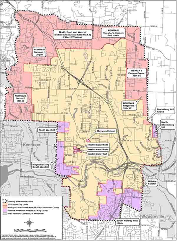 Potential annexation areas that Bothell City Council voted to move ahead with at Tuesday night's meeting.