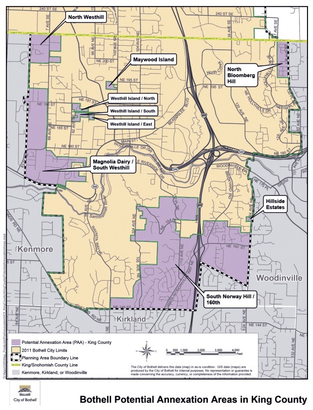 This is a map of the nine potential annexation areas for Bothell in King County. The areas in purple are currently unincorporated and would be annexed.