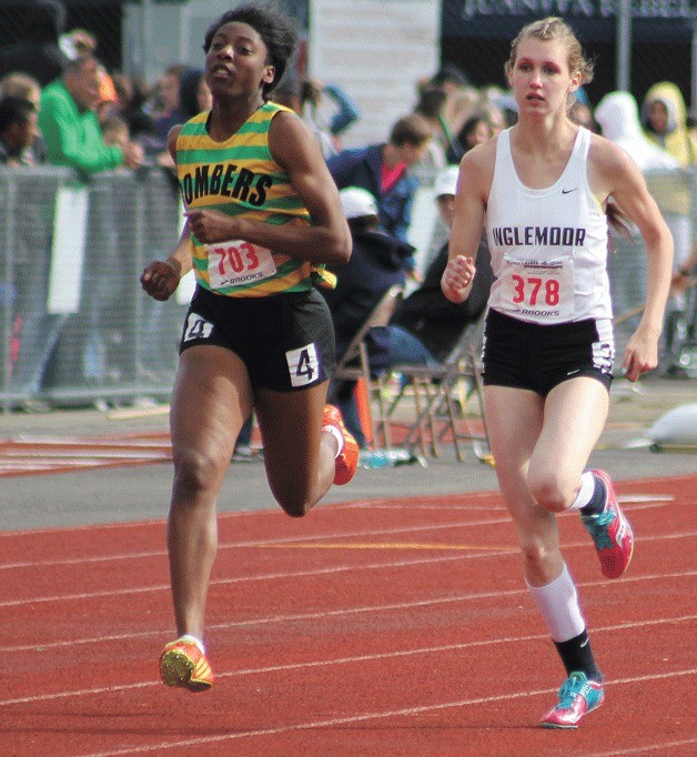 Inglemoor's Paige Monson races in the second heat of the girls 400 meter race at the state meet at Mt. Tahoma High School in Tacoma on Friday