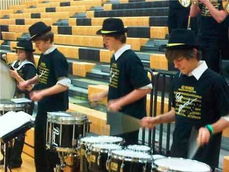 Percussionists from Inglemoor High’s Viking Elite Band get the crowd going at a recent basketball game.