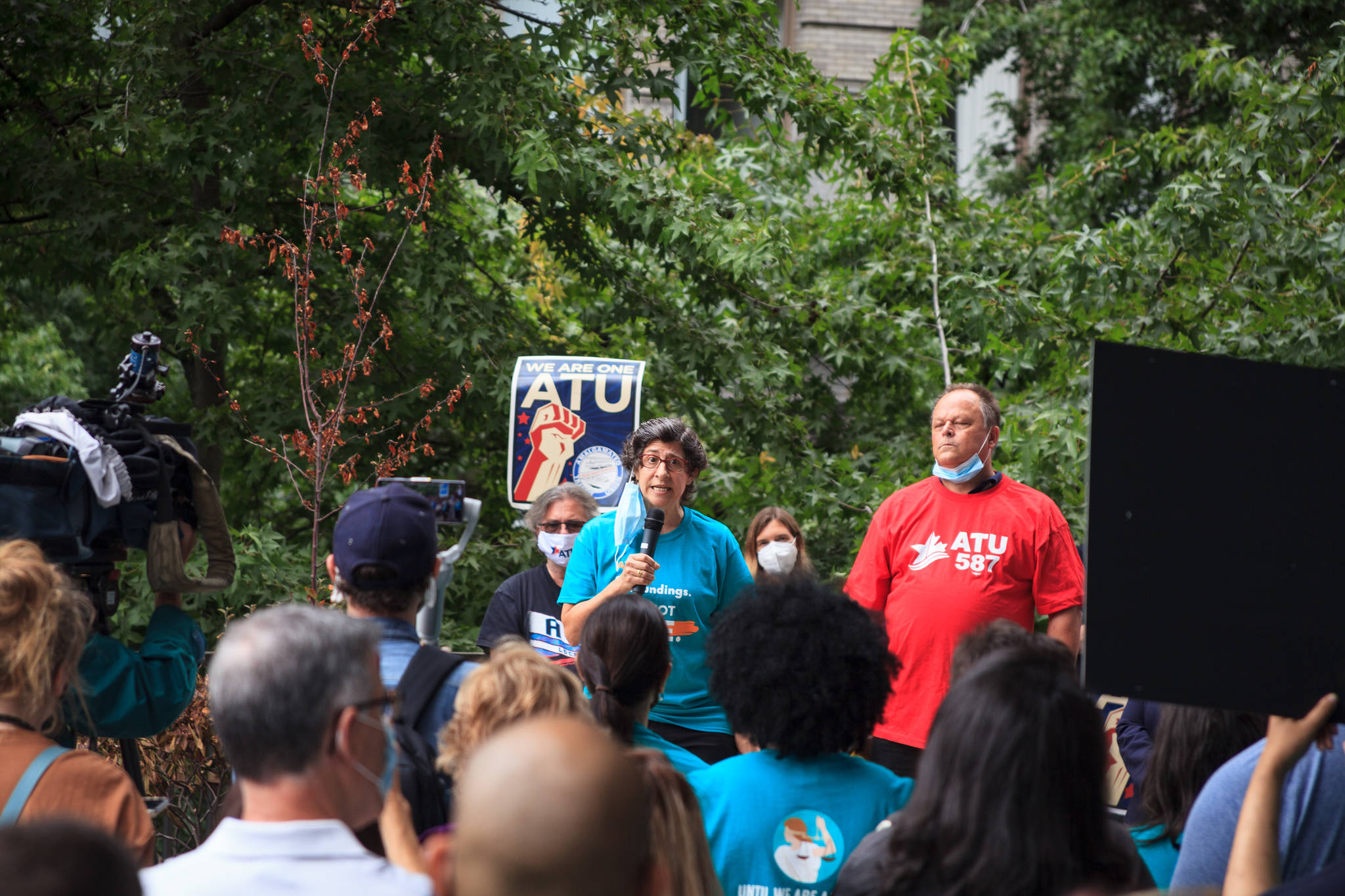 Amy Freedheim gives a speech to county employees and supporters during a march for women's safety at work in Seattle on Friday, Aug. 6, 2021. The march was scheduled after a woman was attacked in a bathroom at the King County Courthouse. Photo by Henry Stewart-Wood/Sound Publishing