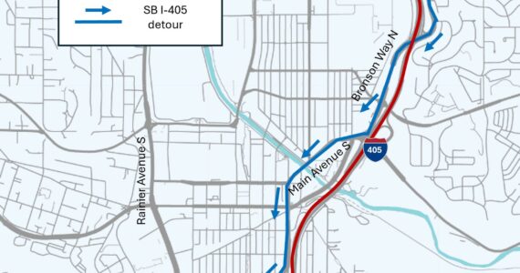 Southbound I-405 through Renton will be closed late Friday evening to early Monday morning. Courtesy of WSDOT.