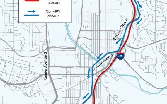 Southbound I-405 through Renton will be closed late Friday evening to early Monday morning. Courtesy of WSDOT.