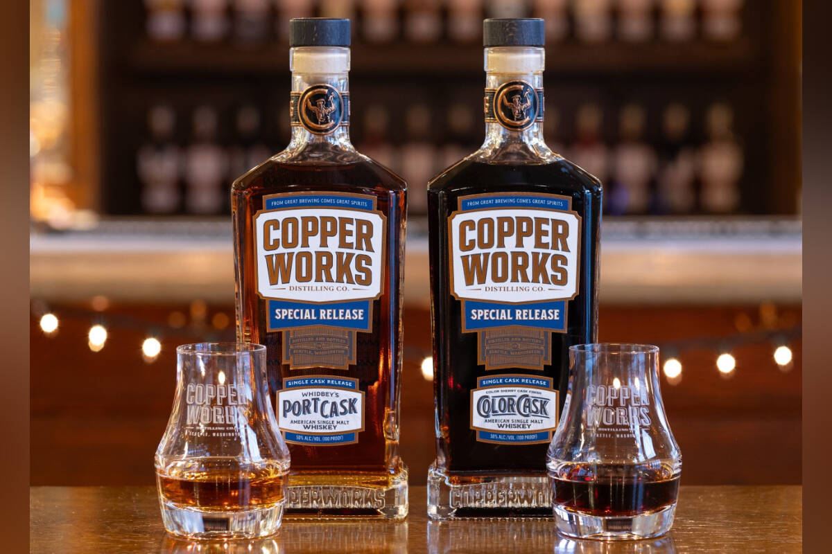 A decade of exploring special casks is on full display with Copperworks’ latest creations: the Port Cask American Single Malt Whiskey and the Color Cask American Single Malt Whiskey. Courtesy Copperworks